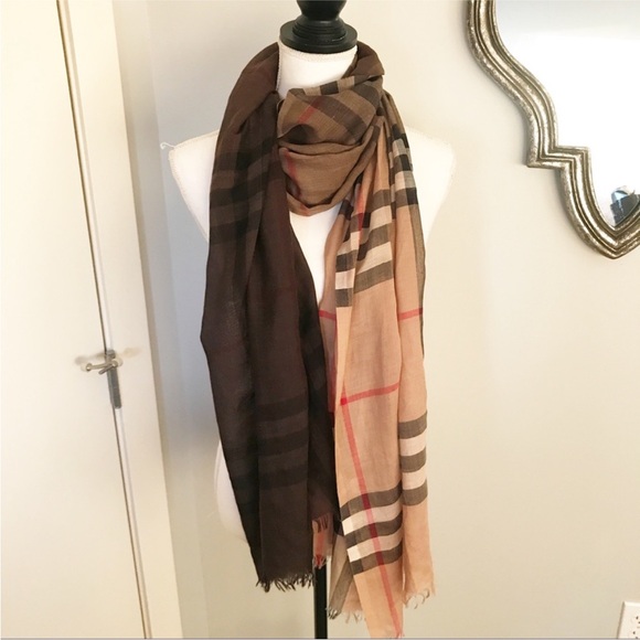 Burberry Rare Two Toned Ombre Brown & Tan Plaid Check Large Scarf - Picture 3 of 7